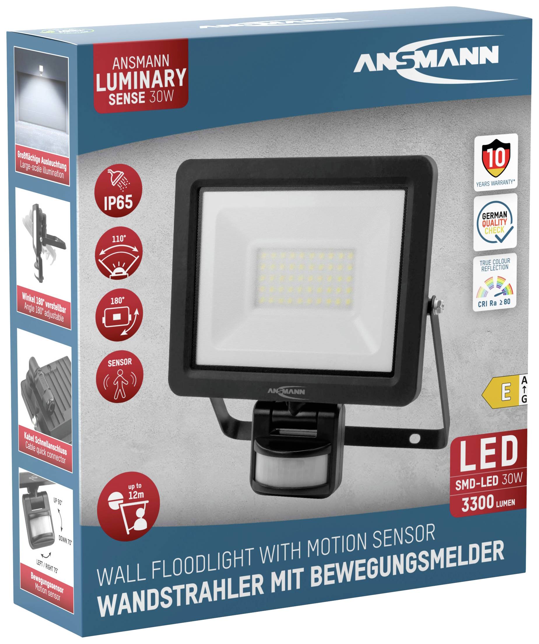 'LED-Wandstrahler mit Bewegungsmelder' auf einer Produktverpackung. Merkmale: 30W, 3300 Lumen, IP65, 110° Erfassungsbereich, 10 Jahre Garantie.