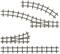 Verschiedene Modellbahn-Gleisteile, darunter mehrere Kurven- und Weichenstücke, aus Metall dargestellt.