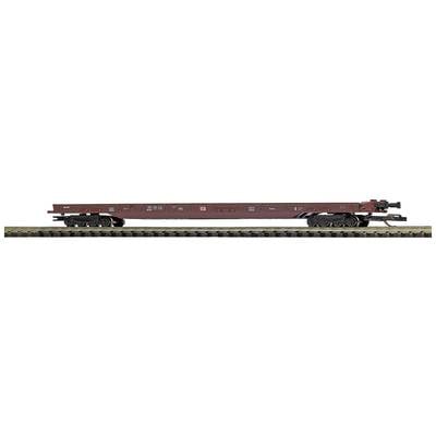 Braunes Modell eines Güterwaggons auf Schienen, ohne Ladung oder Container. Detaillierte Darstellung der Räder und Unterseite.