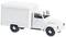 Weißer Modell-Lieferwagen mit rechteckigem Aufbau, dargestellt von der Seite, auf neutralem Hintergrund.
