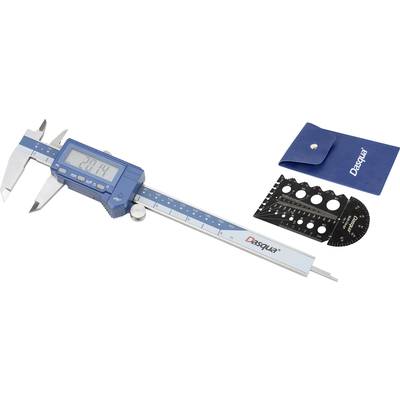 Elektronischer Messschieber mit digitalem Display zeigt '20.14'. Daneben ein blaues Etui und Messschablonen in verschiedenen Formen.