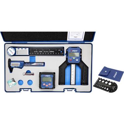'Messinstrument-Set in Schaumstoffeinlage, bestehend aus Lineal, Messschieber, Winkelmesser und zusätzlichen Tools, in blauer Box.'