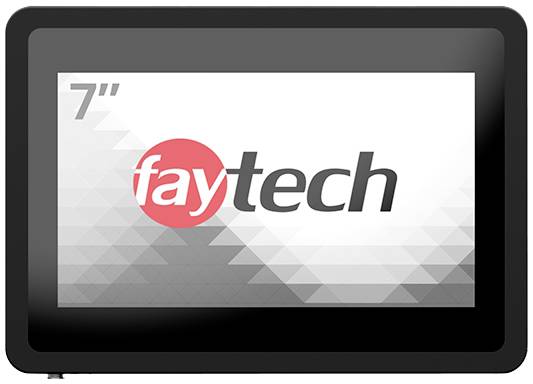 Ein 7-Zoll-Monitor mit dem Logo 'faytech' auf dem Bildschirm, umgeben von einem schwarzen Rahmen.