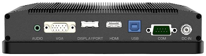 Ein schwarzer Computer mit Anschlussmöglichkeiten: Audio, VGA, Displayport, HDMI, USB, COM und DC-IN. Ideal für vielseitige Anwendungen.