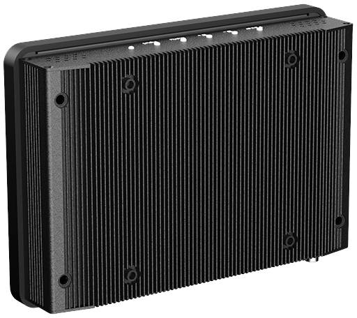 Ein schwarzes, rechteckiges elektronisches Gerät mit gerippter Oberfläche und Schraubbefestigungen.