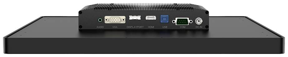 Ein flacher Computer mit verschiedenen Anschlüssen hinten, darunter Audio, VGA, DisplayPort, HDMI, USB und COM-Anschlüsse.