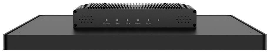 Ein schwarzes elektronisches Gerät mit fünf LED-Anzeigen, beschriftet mit 'Power', '1', '2', 'Mono' und 'High', steht auf einer größeren schwarzen Plattform.