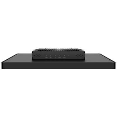 Ein schwarzes elektronisches Gerät mit fünf LED-Anzeigen, beschriftet mit 'Power', '1', '2', 'Mono' und 'High', steht auf einer größeren schwarzen Plattform.