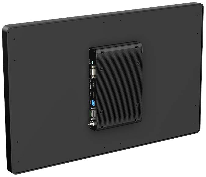 Ein schwarzer Bildschirm mit integrierter Hardware auf der Rückseite, zeigt Anschlüsse und eine strukturierte Oberfläche des Gehäuses.