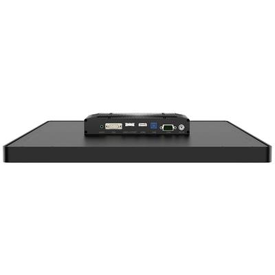 Der Bildschirm zeigt die Rückseite eines Monitors mit verschiedenen Anschlüssen wie DVI, USB und seriellen Ports, die für den Betrieb genutzt werden.