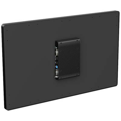 Ein schwarzer LCD-Bildschirm mit Rückseite, an der ein rechteckiges externalem Gerät angebracht ist, um Konnektivität zu ermöglichen.