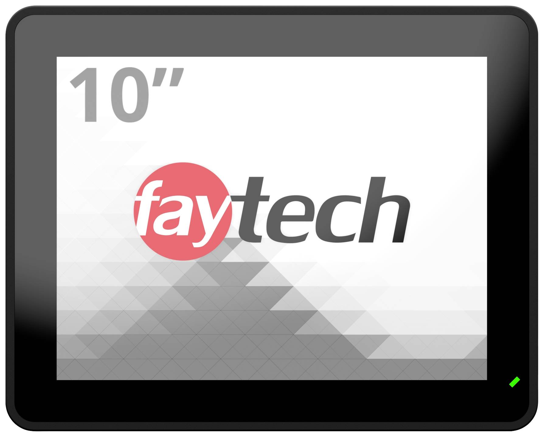 '10-Zoll Faytech-Bildschirm', zeigt das Faytech-Logo auf einem grauen, geometrischen Hintergrund.