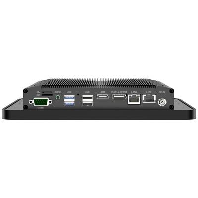 Ein industrieller Computer ohne Lüfter mit Anschlüssen wie Audio, USB, HDMI, DisplayPort, LAN, und Stromversorgung.