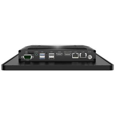 Die Rückseite eines schwarzen Mini-PCs mit Anschlüssen: SIM-Kartensteckplatz, Audio, HDMI, USB, DisplayPort, LAN und Stromversorgung.