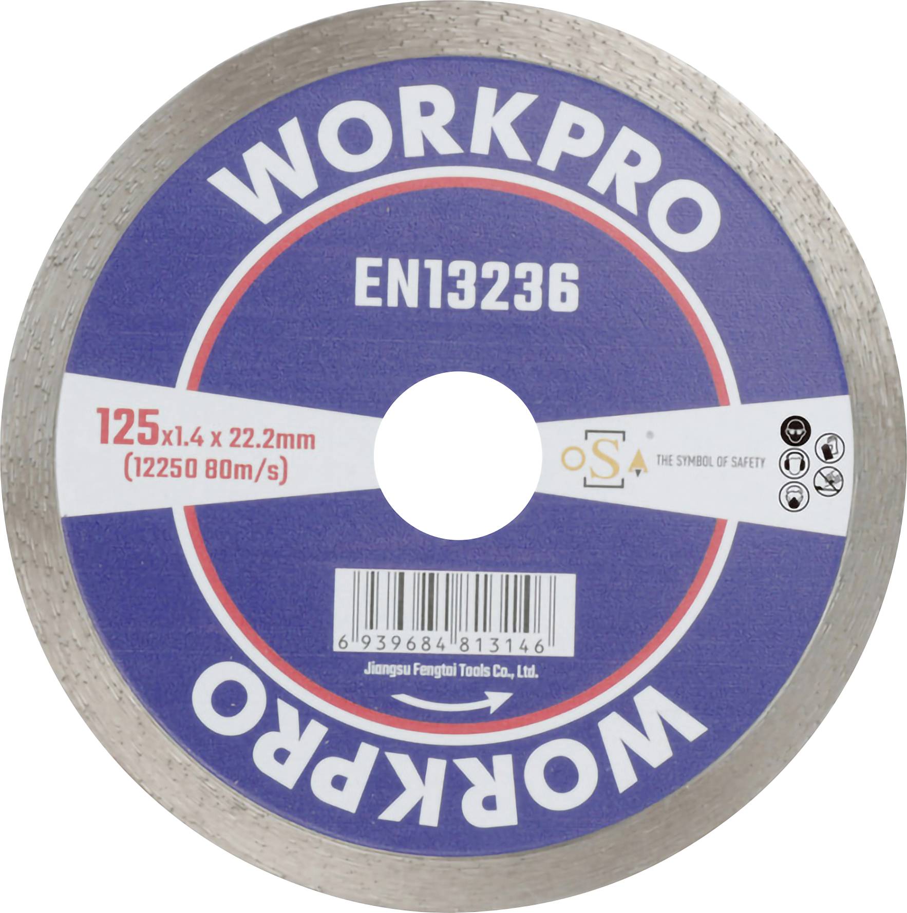 Schleifscheibe mit blauer Etikette, beschriftet mit 'WORKPRO' und 'EN13236'. Durchmesser 125 x 1,4 x 22,2 mm, max. 12250 U/min.