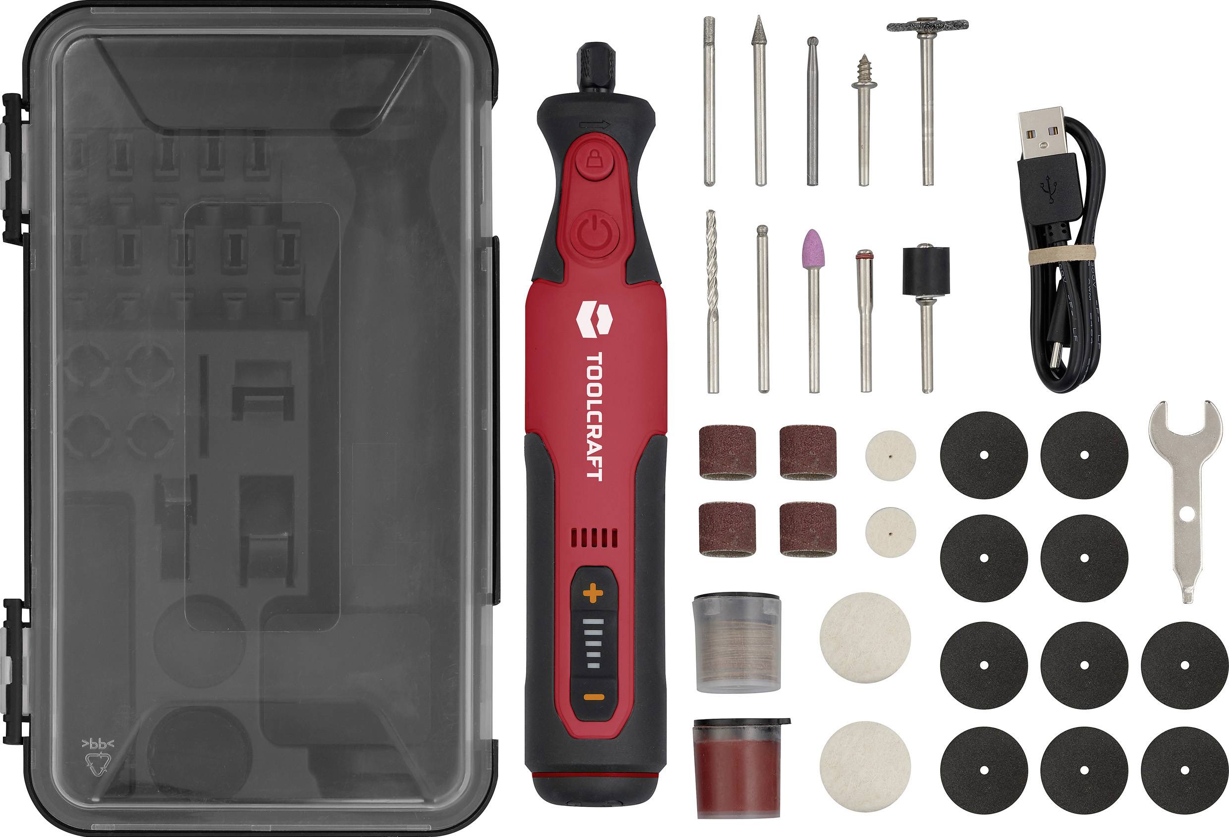 Ein vielseitiges Werkzeugsatz mit rot-schwarzem Elektronik-Pen, Zubehörteilen wie Bohrer, Fräser, Trennscheiben, USB-Kabel und Aufbewahrungskoffer.