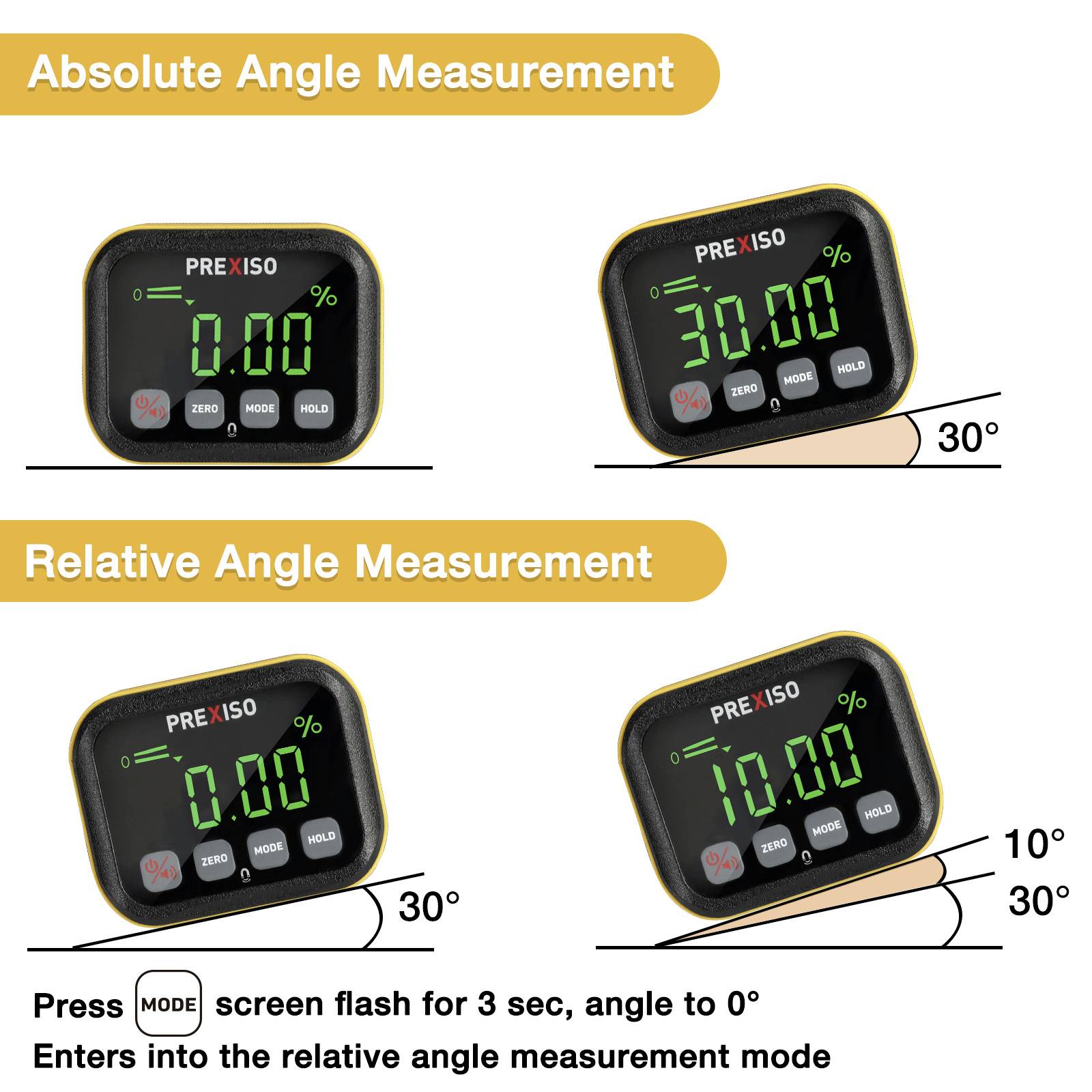 Dieses Bild zeigt Vergleich der absoluten und relativen Winkelmessung mit einem digitalen Winkelmesser. Oben: Absoluter Winkel, unten: Relativer Winkelmodus mit 30° Basis.