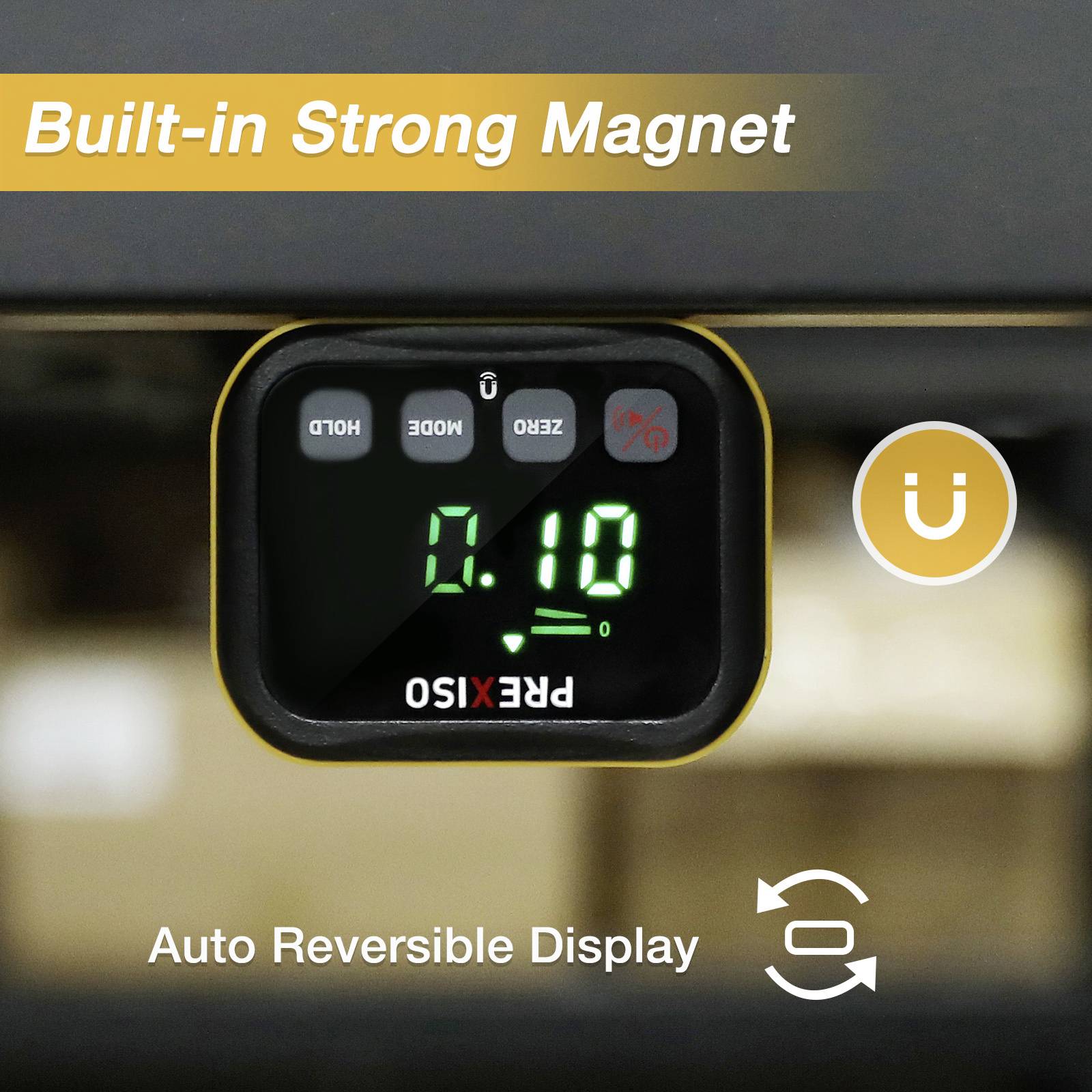 Digitale Anzeige mit grünem Text zeigt '0.0'. Oben links steht 'Built-in Strong Magnet'. Unten: 'Auto Reversible Display' mit Symbolen.