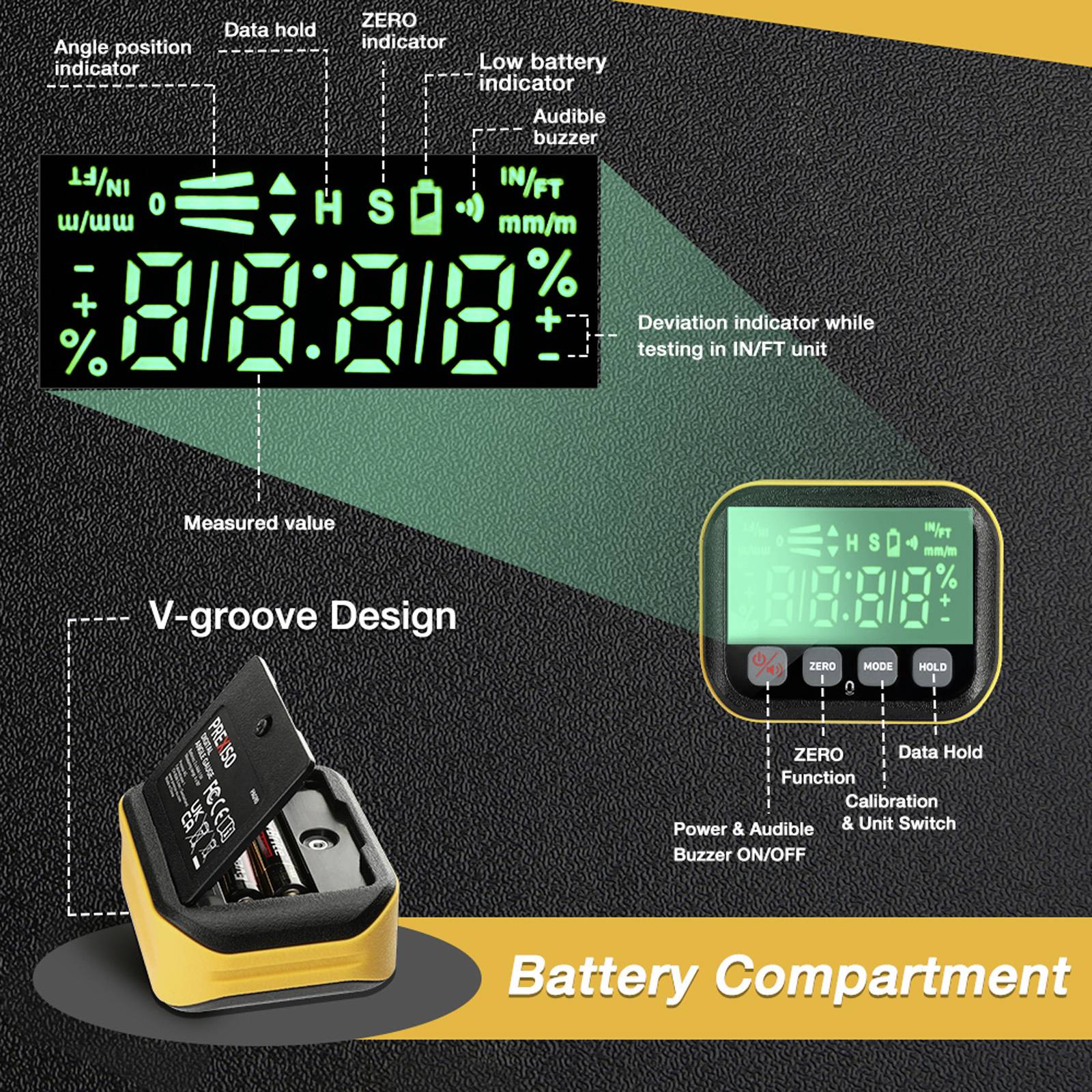 Digitales Display eines Winkelsensors, zeigt Winkel, Batteriestatus und weitere Funktionen. Batteriefach mit V-Nut-Design sichtbar.