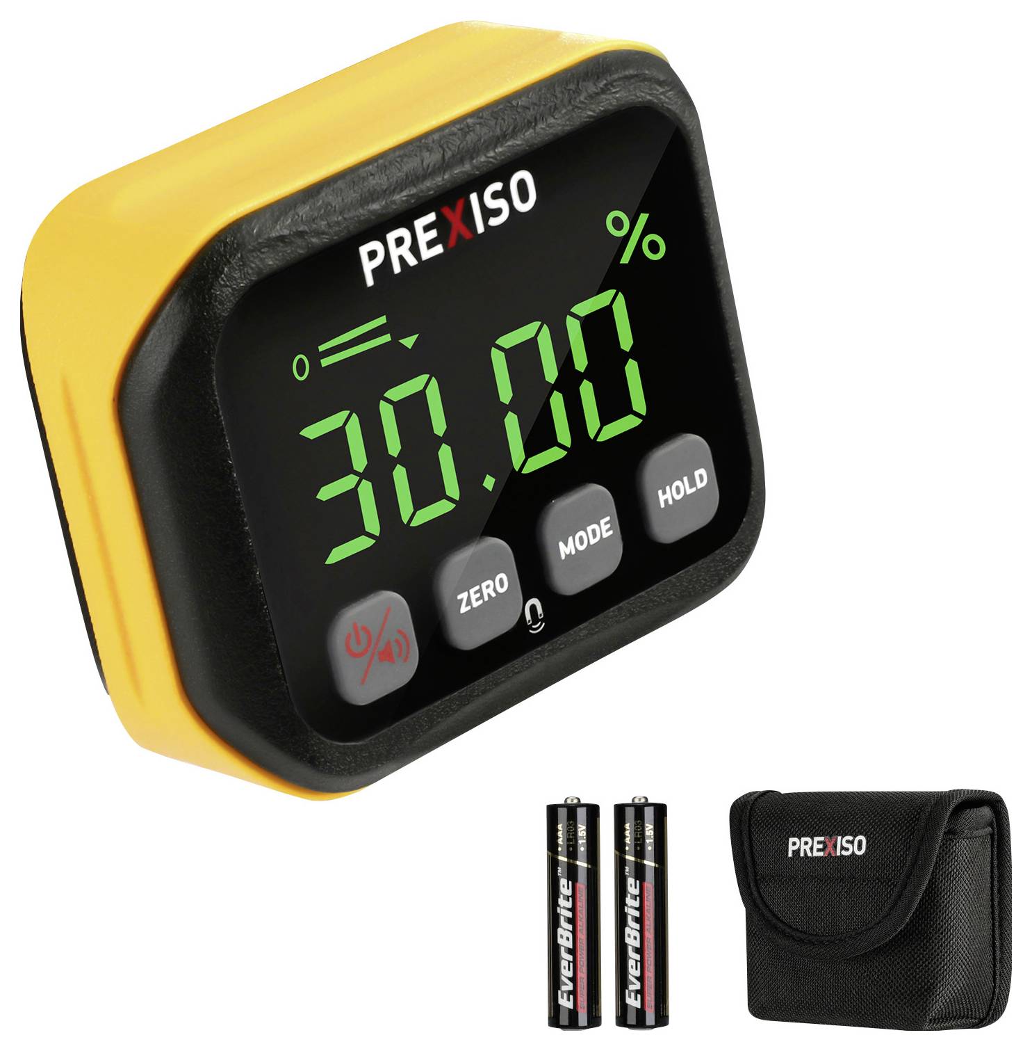Digitaler Winkelmesser mit grünem Display zeigt 30° an. Gehäuse in Gelb und Schwarz. Mit zwei Batterien und einer Tasche.