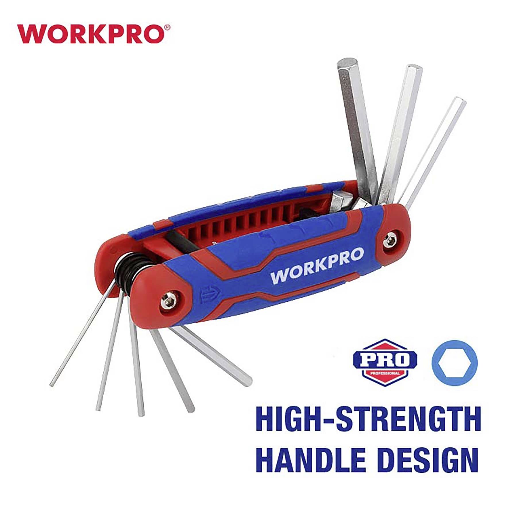 Multifunktionales Werkzeug mit mehreren ausklappbaren Sechskantschlüsseln. Text: 'WORKPRO', 'HIGH-STRENGTH HANDLE DESIGN'.