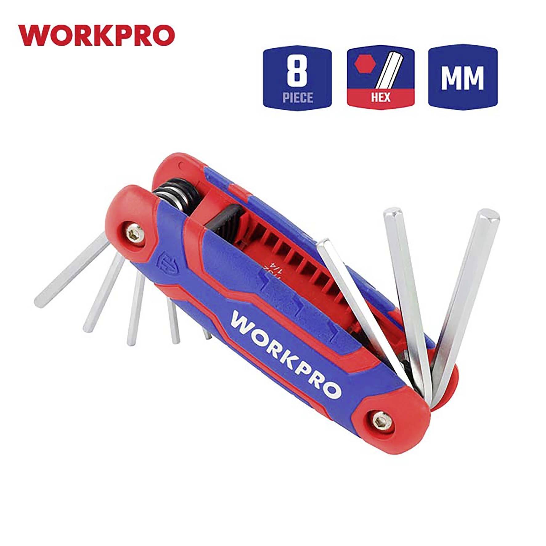 Handlicher WORKPRO Inbusschlüssel im Taschenformat, rot-blaues Design, beinhaltet 8 Sechskantschlüssel in metrischen Größen.