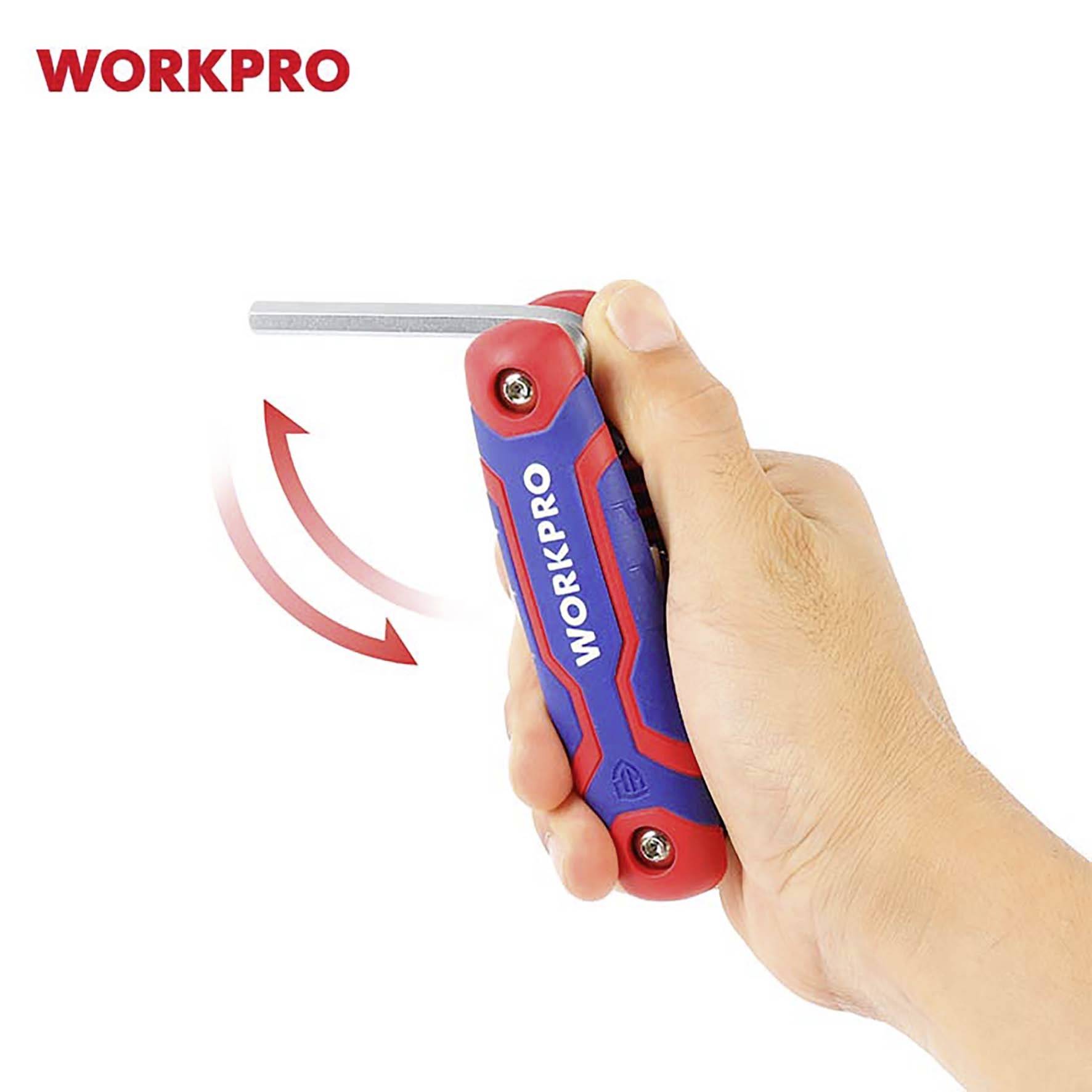 Hand hält rot-blauen Imbusschlüssel mit Drehbewegung. Markenname 'WORKPRO' oben links sichtbar.