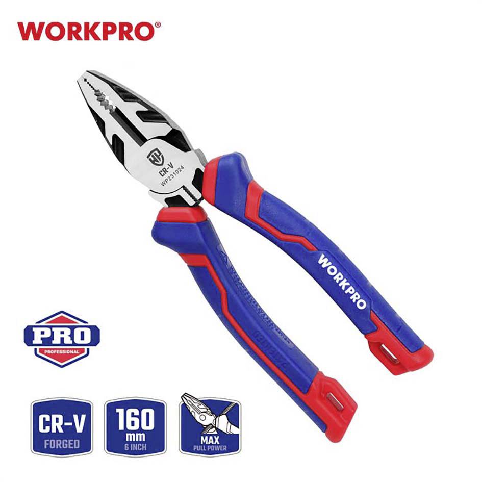 'WORKPRO' Zange, 160 mm, CR-V geschmiedet, blau/rot. Für maximale Kraftübertragung. Markenname oben links, Details unten.