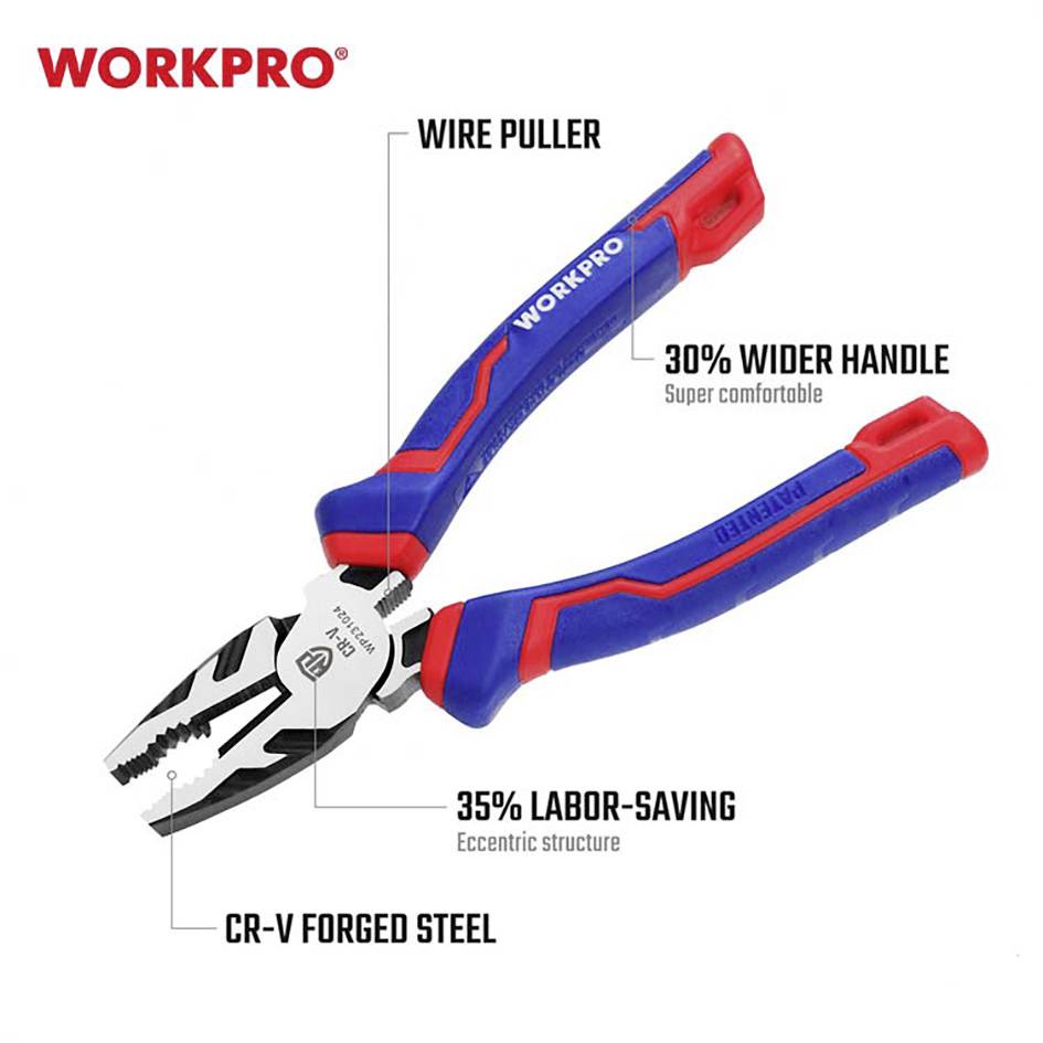 Eine Zange von WORKPRO mit erweiterten Merkmalen: Drahtzieher, um 30 % breiterer Griff, 35 % Arbeitserleichterung durch ergonomisches Design, aus CR-V-Stahl geschmiedet.