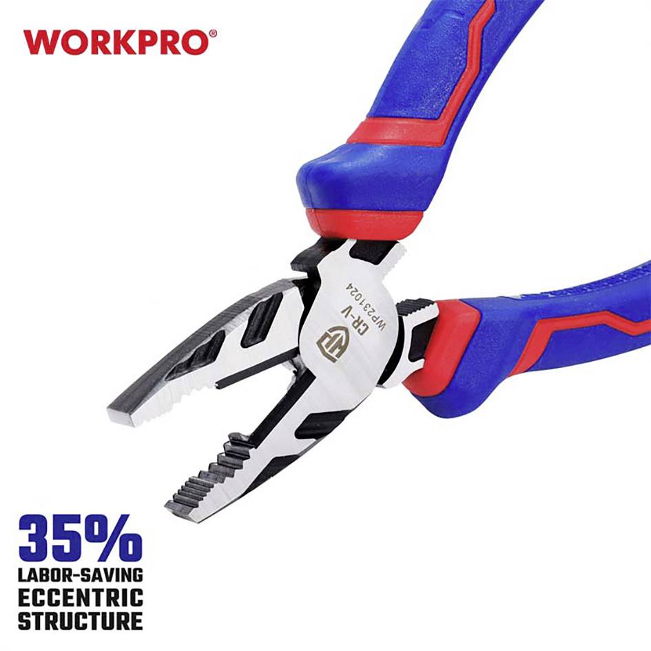 Eine blaue und rote Zange von WORKPRO mit der Beschriftung '35% Labor-saving Eccentric Structure'.