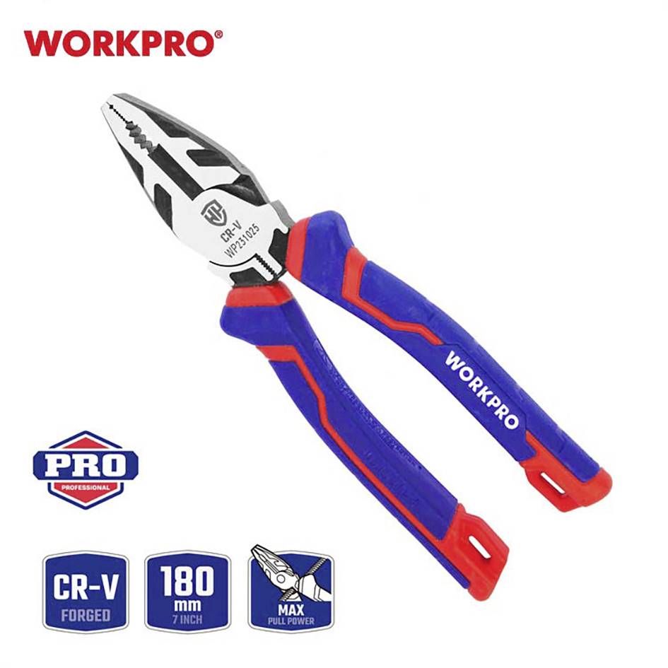 Eine Kombizange der Marke WORKPRO mit rutschfestem blau-rotem Griff. Texte im Bild: 'PRO', 'CR-V FORGED', '180 mm 7 inch', 'MAX PULL POWER'.