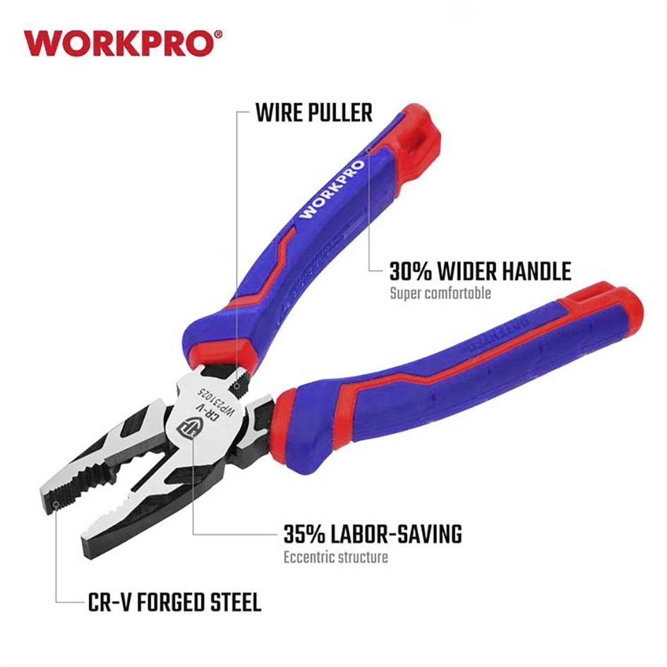 'WORKPRO' Zange mit blau-rotem Griff. Funktionen: Drahtzieher, 30% breiterer Griff, 35% arbeitssparend, CR-V geschmiedeter Stahl.