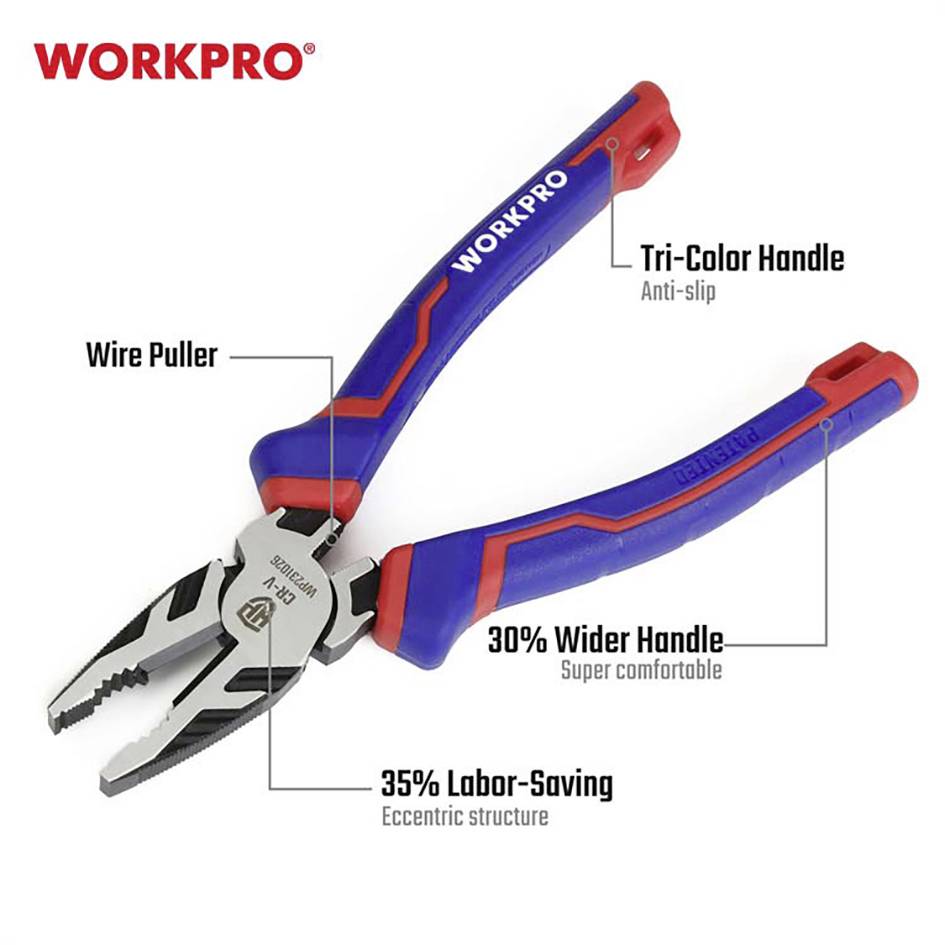 Workpro Kombizange mit dreifarbigem, rutschfestem Griff, 30 % breiterem Griff und 35 % arbeitssparendem, exzentrischem Aufbau.