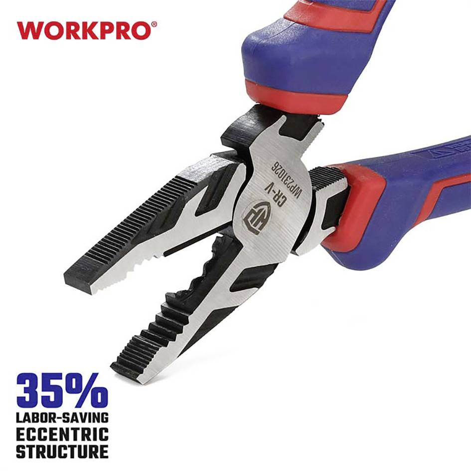 Zange mit blau-rotem Griff, Marke 'WORKPRO'. Text: '35% arbeitssparende exzentrische Struktur'.