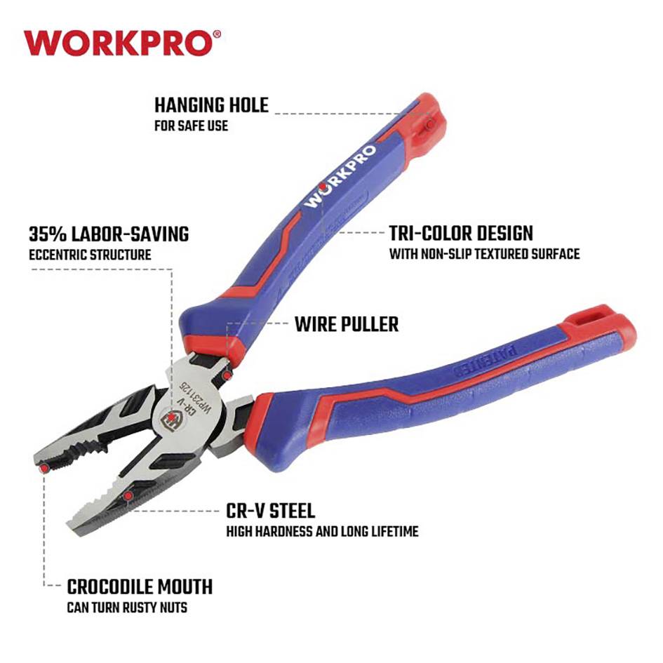 'WORKPRO'-Zangen mit roten und blauen Griffen. Merkmale: Sicherheitsaufhängeloch, exzentrische Struktur, rutschfeste Oberfläche, Drahtzieher, CR-V-Stahl, Krokodilmund.