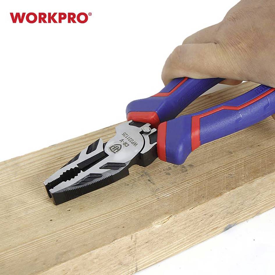 Hand hält eine Kombizange über einem Stück Holz. Die Zange hat blaue und rote Griffe. Oben links steht das Logo 'WORKPRO'.