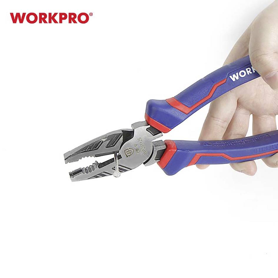 Eine Hand hält eine blaue und rote Kombizange der Marke 'WORKPRO'. Sie zeigt das Werkzeug von der Seite, um die Griffe und die Zange zu präsentieren.