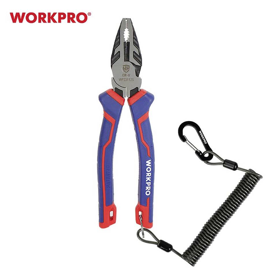 Eine blau-rote Kombizange von Workpro mit Spiralkabel und Karabinerhaken, nützlich für handwerkliche Tätigkeiten.