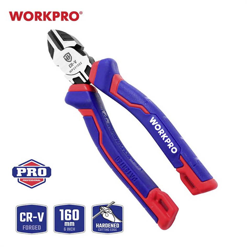 Eine rote und blaue Kombizange der Marke WORKPRO mit einer Länge von 160 mm. Geeignet für die professionelle Nutzung, aus CR-V Stahl gefertigt.
