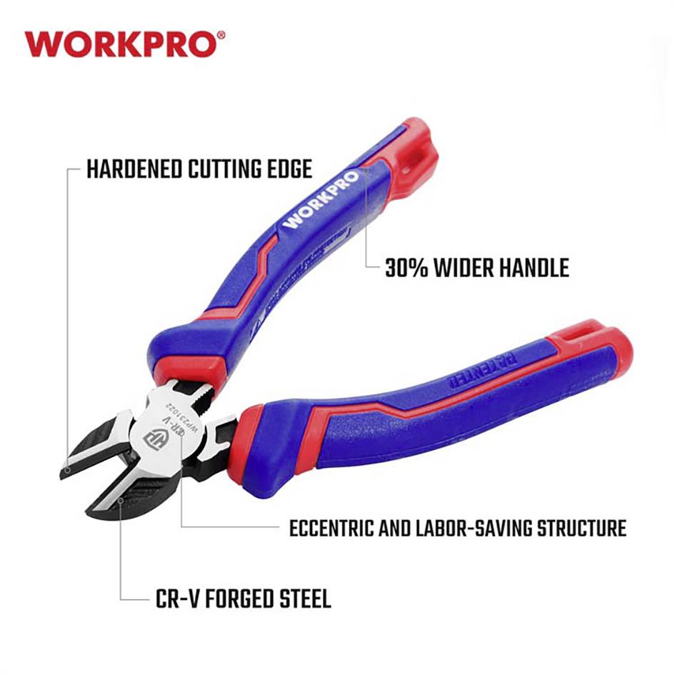 Seitenschneider mit blau-rotem Griff und Aufschrift 'WORKPRO'. Merkmale: gehärtete Schneide, 30 % breiterer Griff, CR-V Stahl.
