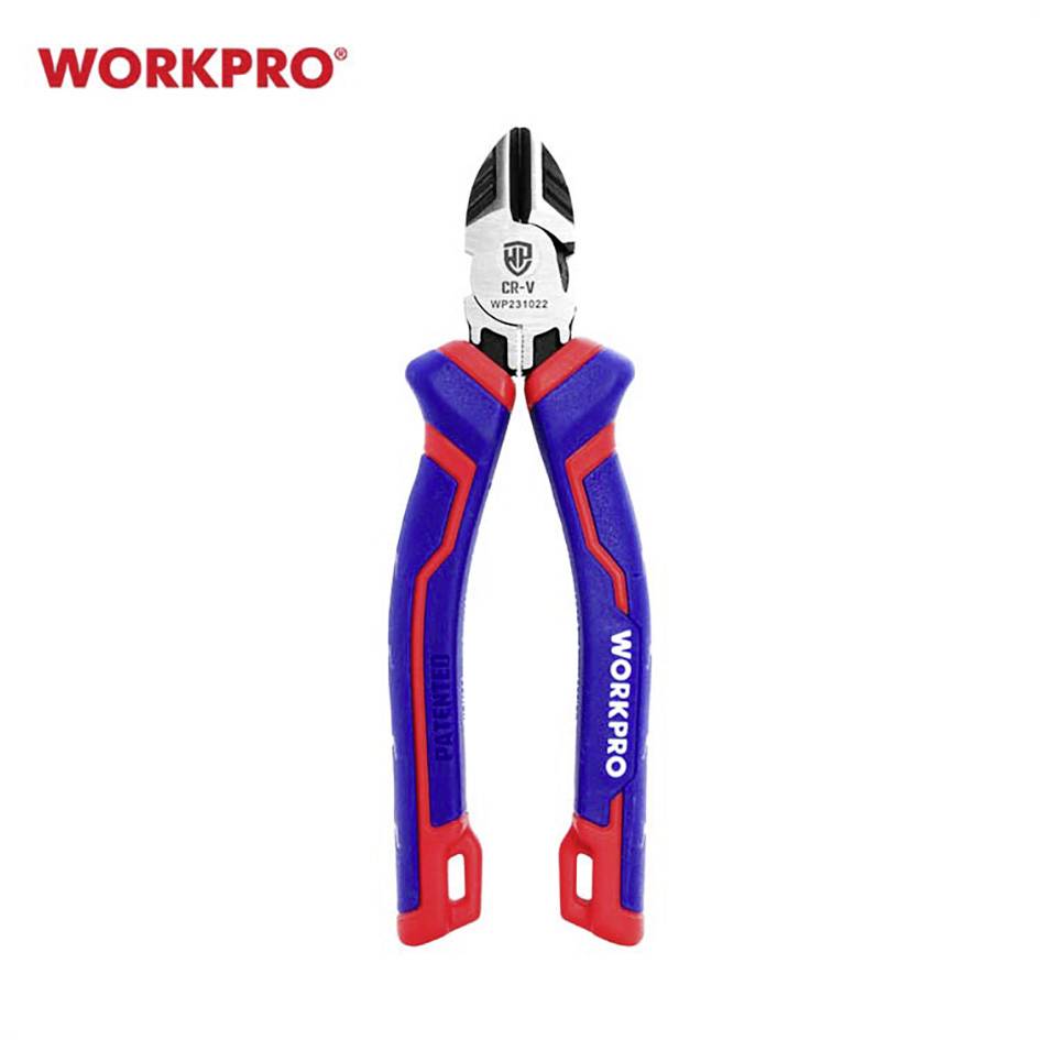 Seitenschneider von WorkPro mit blau-roten Griffen, Modellnummer CR-V WP2002.