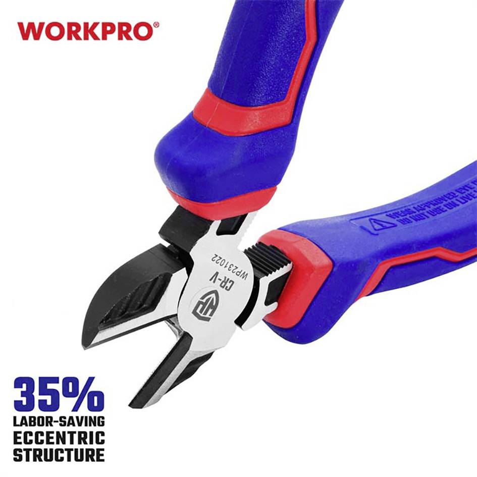 Zange mit blauen Griffen und roten Akzenten, Markenname 'WORKPRO' oben links, Hinweis auf ergonomisches Design mit 35 % Kraftersparnis.