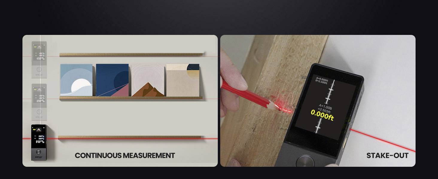 Auf der linken Seite wird ein Laser-Entfernungsmesser zur kontinuierlichen Messung von Regalen gezeigt. Rechts: Pfostenabsteckung mit Laser und digitalem Display.