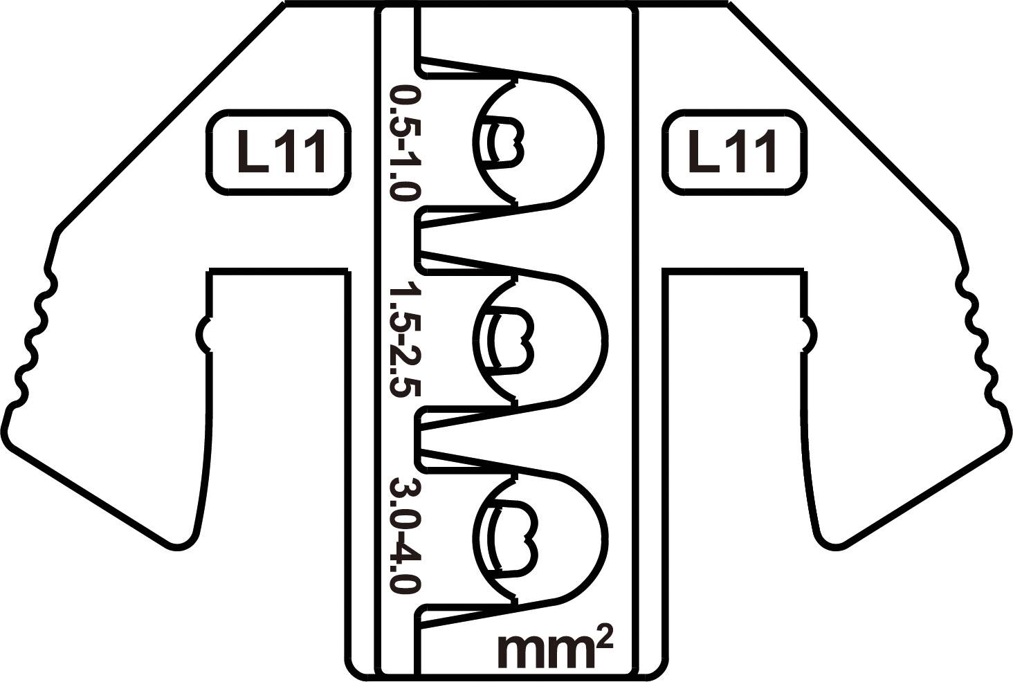 Schwarz-weiße Zeichnung eines Kabelanschlussadapters mit Markierungen für Kabelgrößen: 0,5-1,0 mm², 1,5-2,5 mm², 3,0-4,0 mm².