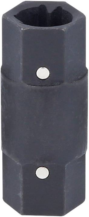 Schwarzer, sechskantiger Adapter mit zwei Metalleinsätzen.
