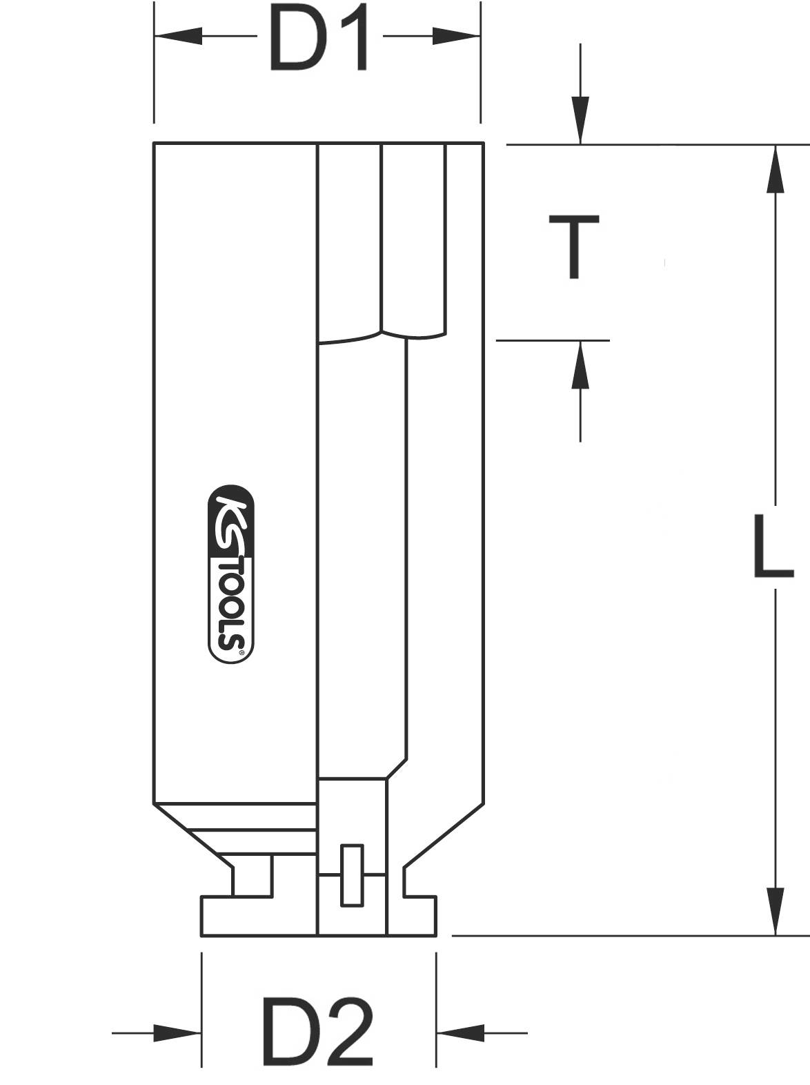 Technische Zeichnung eines Werkzeugs mit Maßen: D1, D2, T, L. Logo von "KS Tools" sichtbar. Vertikale und horizontale Linien kennzeichnen Maße.