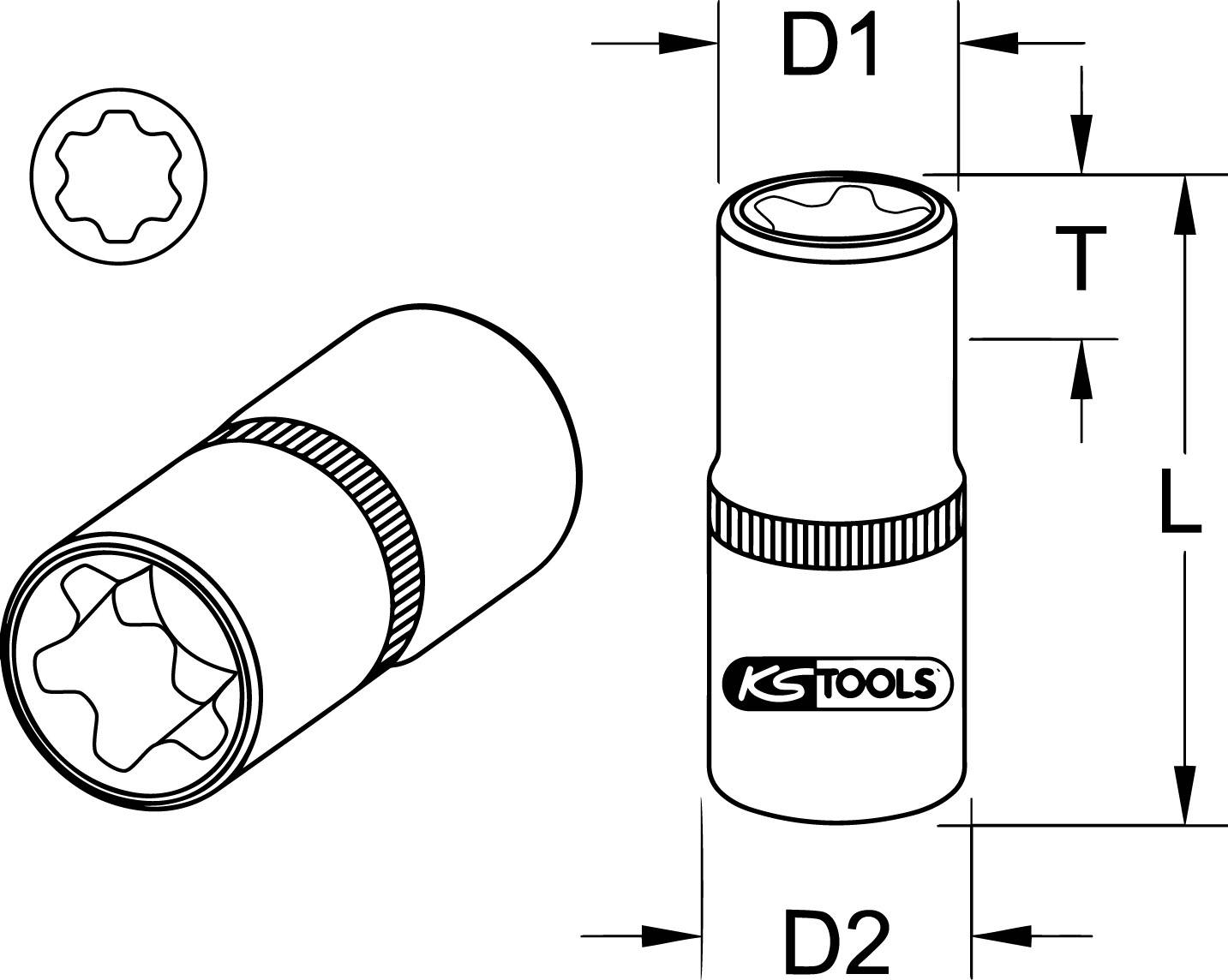 Steckschlüssel-Skizze mit Maßen: D1, D2, T, L. Sechskantmuster, Marke 'KS Tools'. Zeigt seitliche und obere Ansicht.