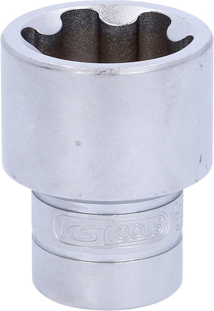 Steckschlüsseleinsatz aus Metall mit geriffeltem Innenrand, geeignet zum Lösen oder Festziehen von Muttern und Schrauben mit passender Größe.