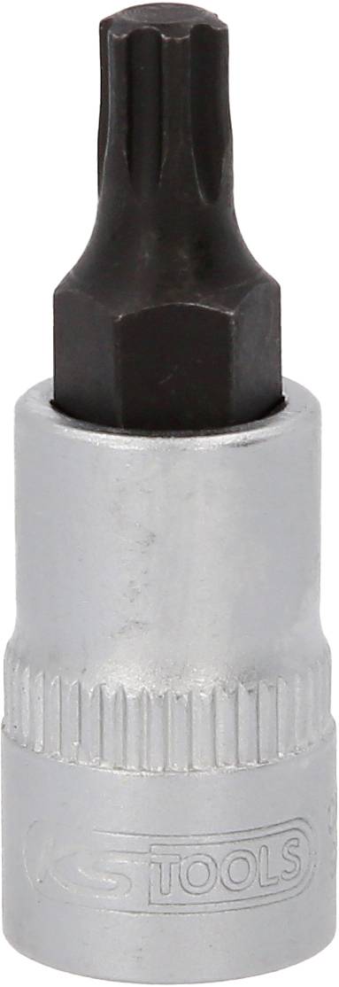 Torx-Schraubendrehereinsatz mit silbernem Schaft und schwarz-beschichtetem Kopf, geeignet für präzises Arbeiten mit Torx-Schrauben.