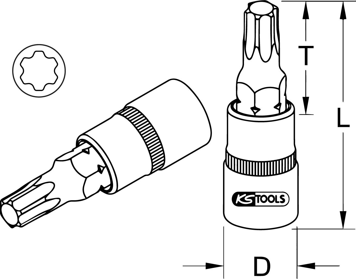 Abbildung eines Torx-Steckschlüssels mit KS Tools-Logo. Zeigt Maße T, L, D, sowie Details der Torx-Profilform.